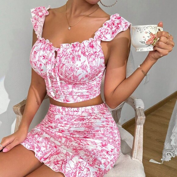 Hot Pink Boho Women's Ruffle Trim Ruffled 2-Piece Set - Picture 1 of 6